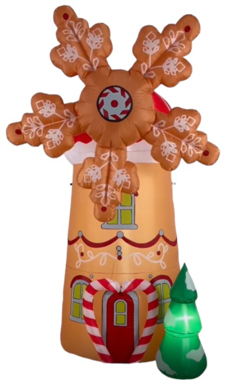 8FT Animated Gingerbread Windmill House Inflatable with Giant Snowflake Spinner & LED Tree